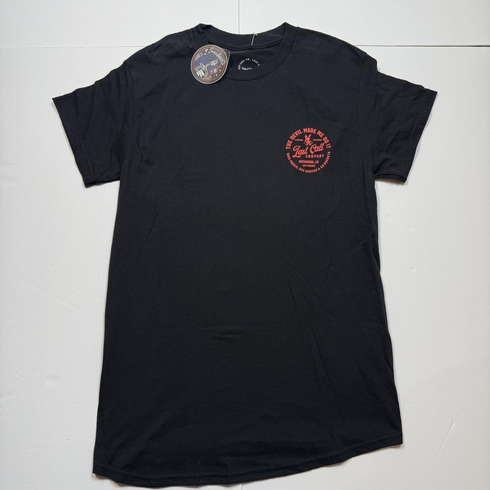 Last Call Co Shirt Mens Small Black Devil Made Me Do It Graphic Tee Back Print